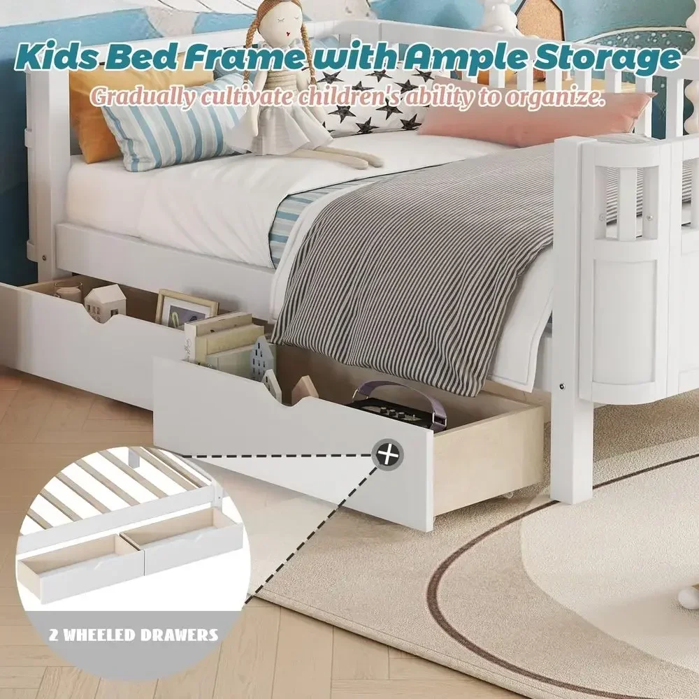 Twin Kids Bed with Safety Rails & Storage - Image 3