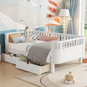 Twin Kids Bed with Safety Rails & Storage