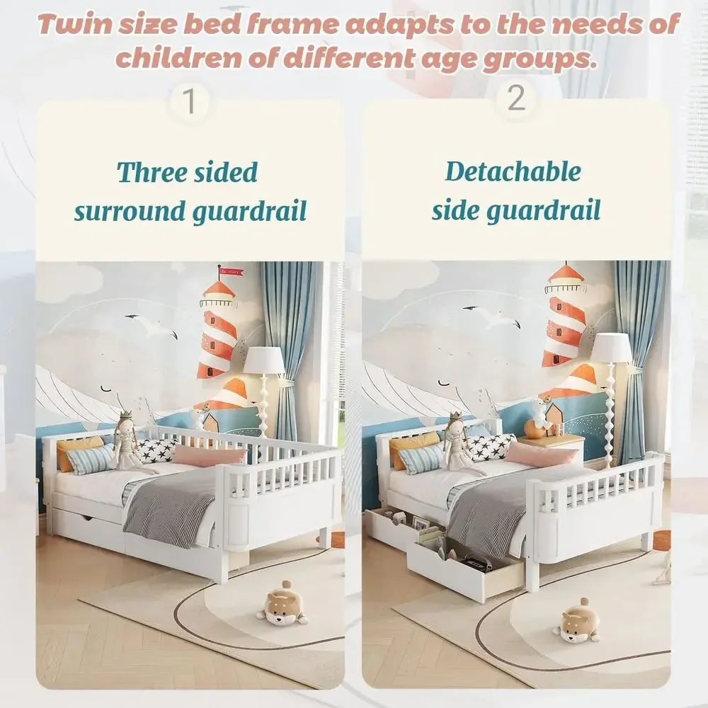 Twin Kids Bed with Safety Rails & Storage - Image 4