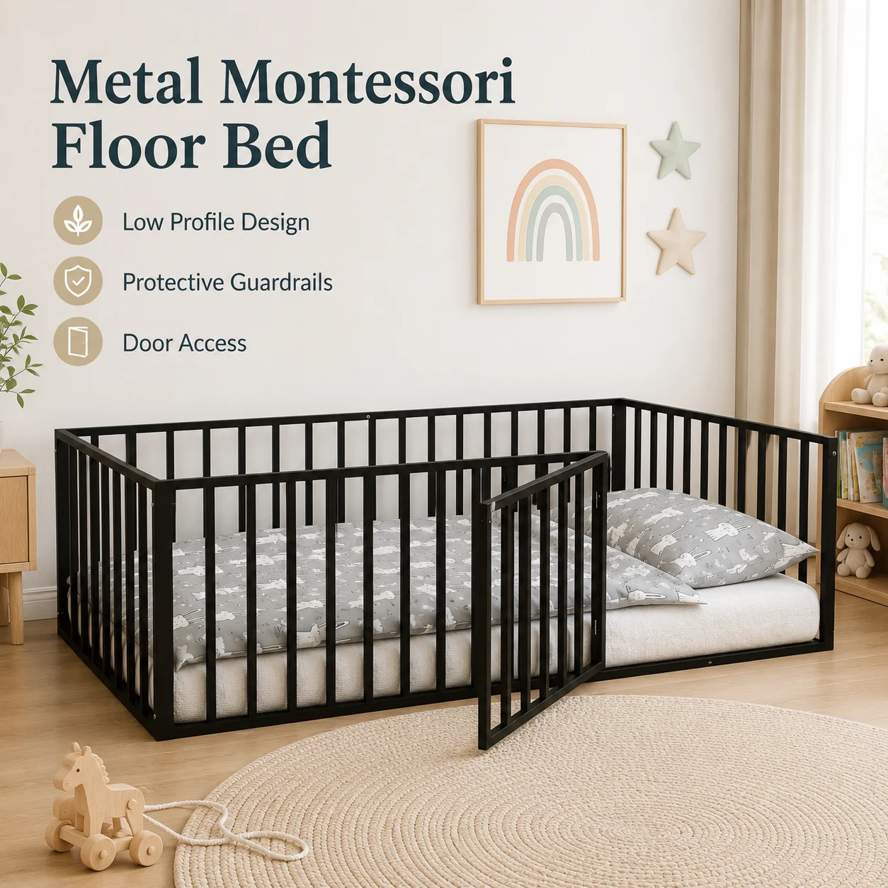 Twin Montessori Floor Bed with Safety Rails - Image 1